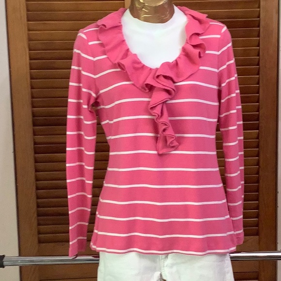 Brooks Brothers Pink Tee W/White Stripes & Ruffle - Picture 1 of 11
